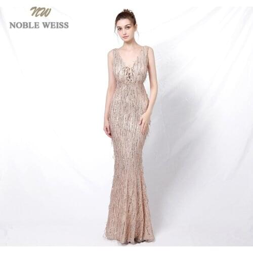 Evening Dress V-Neck Ankle-Length Formal Dress Women Elegant Sequin Evening Dresses Long