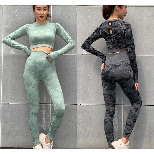 2PCS Camo Seamless Yoga Set Sportswear Women Fitness Clothing Booty Gym Leggings+Long Sleeve Crop Top Sport Suit Workout Clothes