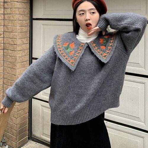 2021 Soft Loose Bottoming Knitwear Ruffle Short Round Turn Down Collar Flower Embroidery Sweater Pullover Solid Color Retro Tops
