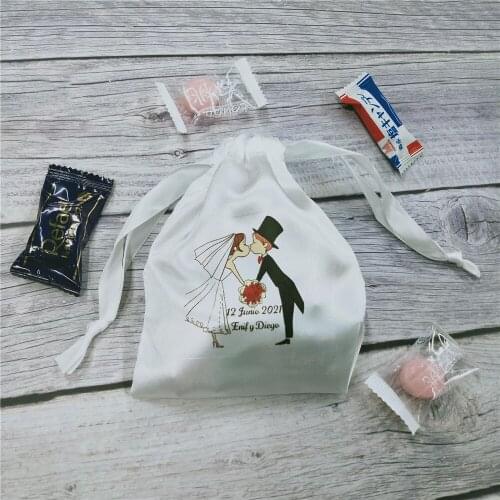 50pcs Personalized White Satin Bag Jewelry Bag Bulk Custom Logo Silk Bag Muslin Bag Drawstring Pouch Bag Wedding Gift Candy Bag