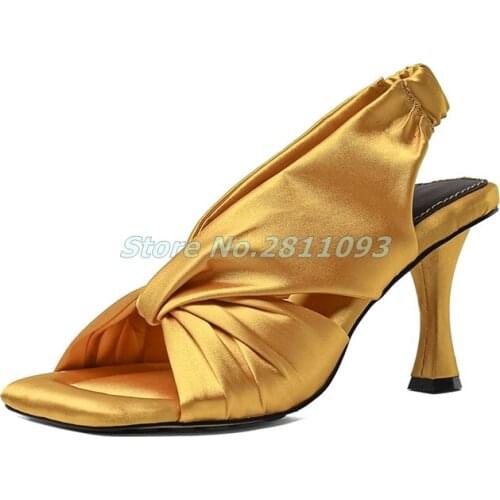 Velvet Slip On Sandals Square Toe Thin High Heel Dress Women Shoes Open Toe Heel 7 cm Satin Solid Dress Shoes Pleated Fashion
