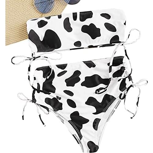 Two Piece Bandeau Bikini Sexy High Waist Swimsuit Female Swimwear Cow Print Mini Thong Push-up Brazilian Beachwear Dropshipping