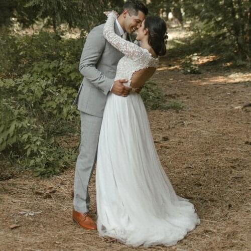 Boho Garden Lace Elopement Wedding Dress Open Back V-Neck A Line Tulle Wedding Beach A Line Nude 2021 Long Sleeves Bridal Gowns