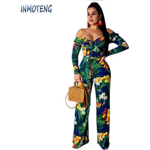 INMOTENG Sexy Elegant Print Jumpsuit Women Off Shoulder Fashion Ruffle Wide Leg Jumpsuit Female Bodycon Casual Beach Jumpsuit