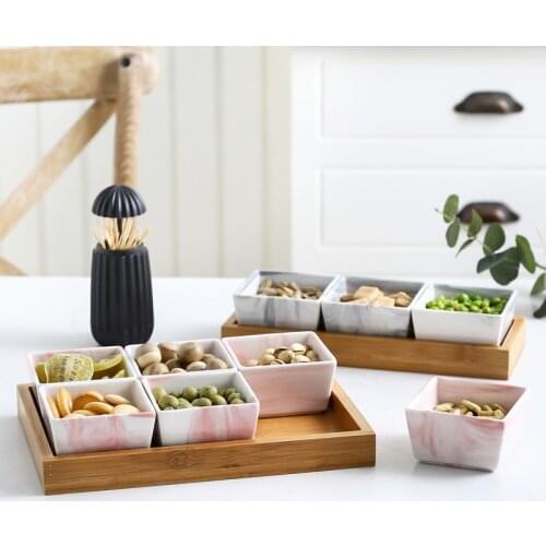 Ceramic Marble Fruit Dish Porcelain Snack Candy Nut Dessert Plate with Bamboo Tray Set Salad Bowl Seasoning Dish Dinnerware