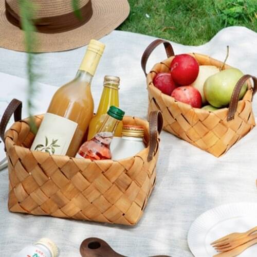 2 Pcs Hand Woven Bread Fruit Storage Basket Wood Chip Woven Storage Box Japanese Round Food Tray with Portable Home Decoration