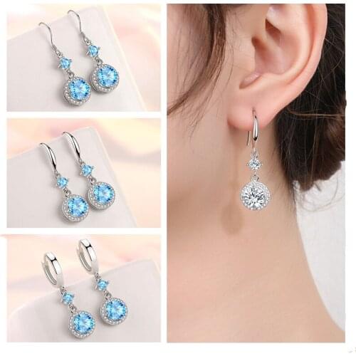 Trendy Silver 925 Sterling Earring Female Piercing Accessories New Fashion Lady Crystal Blue Drop Earrings For Women Jewelry