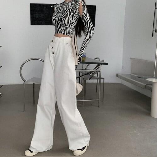 2021 New Slim And Thin Short Zebra Print Off-The-Shoulder Personality Long-Sleeved Shirt T-shirt Female + White Wide-Leg Pants
