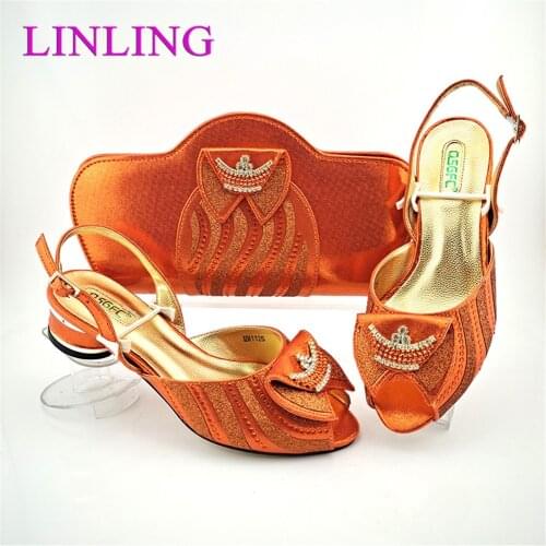 Newest Hot Sellling Italian Design Fashion Rhinestone and Metal Decoration Style Orange Color Wedding Ladies Shoes and Bag Set
