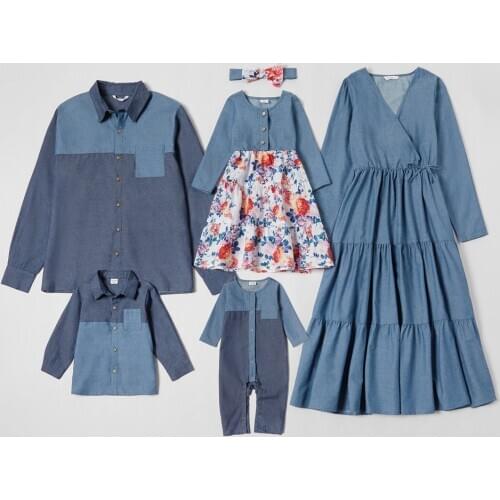 PatPat New Arrival 2021 Spring and Autumn Mosaic Family Matching Clothing Denim Cotton Sets Family Look Sets