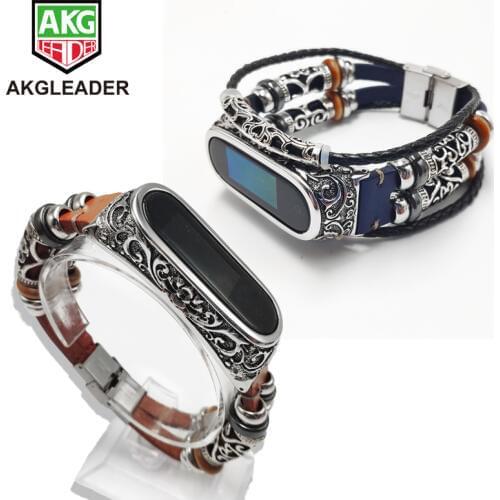 AKGLEADER For Xiaomi Mi Band 4 3 nfc Retro Watch Band Genuine Leather With Jewelry Wrist Strap Metal Engrave Case For Miband 3 4