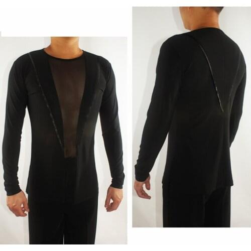 2019 New Men Black Latin Dance Shirt Sexy Gauze Male Ballroom Stage Performance Dance Wear Cha Cha Latin Dance Clothes VDB628