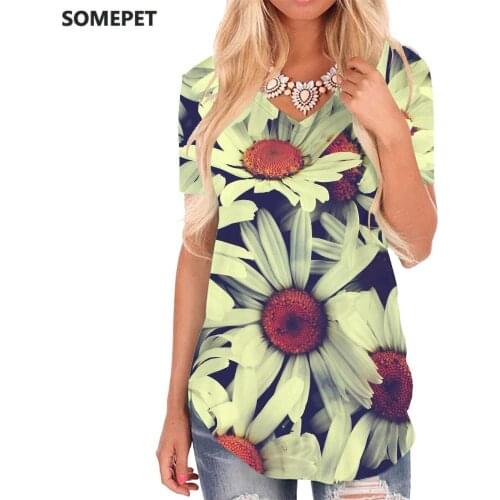 SOMEPET Beautiful T-shirt women Flowers Tshirts Printed Plant Shirt Print Harajuku V-neck Tshirt Womens Clothing Hip hop Cool