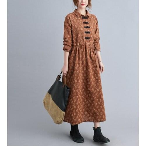Uego Fashion Autumn Dress Print Floral Cotton Vintage Chinese Dress Long Sleeve Spring Dress Slim Waist Women Casual Midi Dress