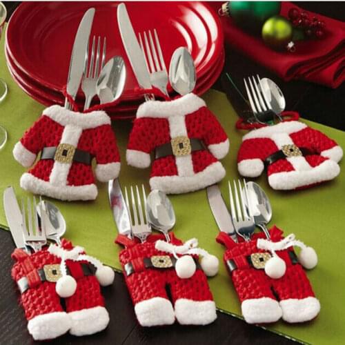 Houspace 6 Pcs Christmas Xmas New Year Santa Silverware Holders Christmas Decorations Pockets Dinner Decor 3 Clothes and 3 Pants