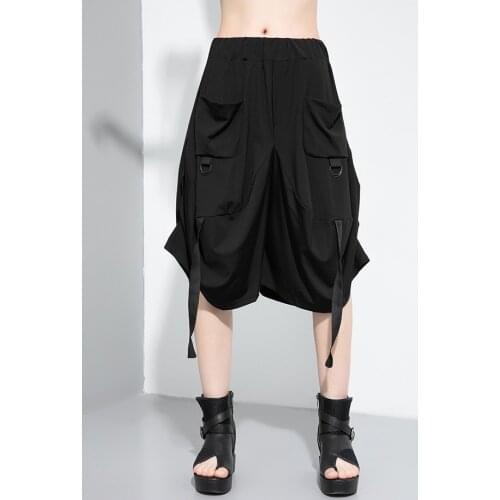 Street fashion brand 2021 summer new Elastic Waist Wide Leg Pants, personalized hip hop with ribbon pocket, large size Capris