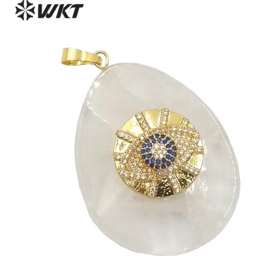 WT-P1662 Unique Amazing gold micropave cubic zircon teardrop shape pear crystal quartz pendant Big drop stone evil eye pendant