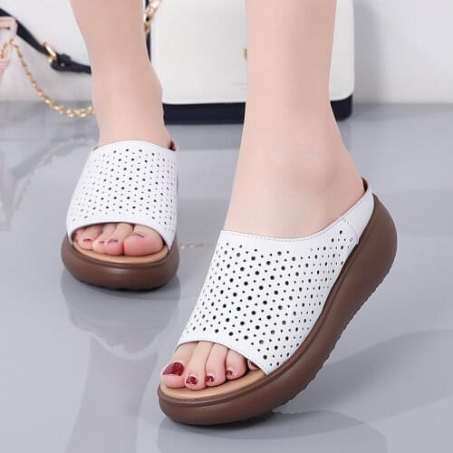 Lisapie Womens Leather Hollow Out Slippers Ladies Thick bottom Slides 2021 Summer Solid Half Slip-On Outdoor Slides For Femal