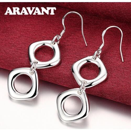 925 Silver Drop Earrings For Women Simple Double Square Wedding Jewelry Best Gift
