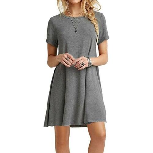 2021 Fashion Womens Summer Plus Size Short Sleeves Midi Swing T-Shirt Dress Plain Solid Color Crew Neck Casual Loose Dress