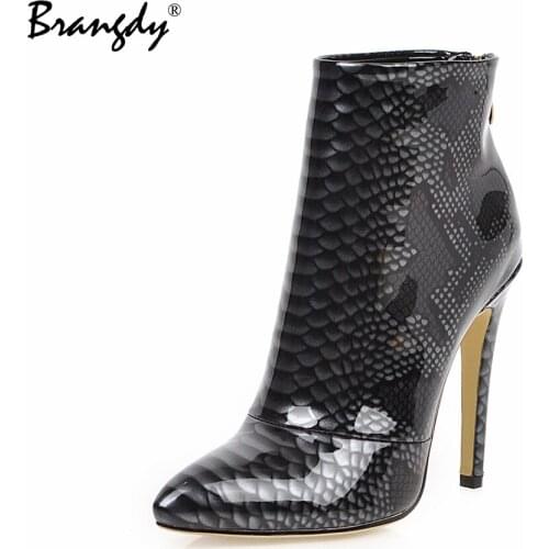Brangdy Women Pumps High Quality Ankle Boots PU Leather Scales Women High Heels Shoes Pointed Toe Women Thin Heels Shoes Zipper