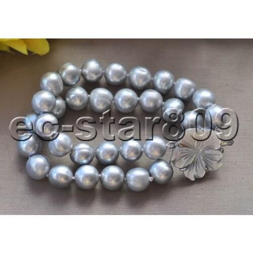 Z11162 2strands 8" 12mm Round Gray Freshwater Pearl Bracelet Shell Flower