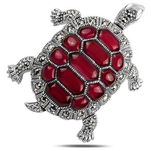 Silverlina Silver Tortoise Natural Stone & Marcasite Brooch & Pendant