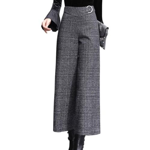 Women Black Plaid Wide Leg Pants Thick Zipper Fly Autumn Winter Trousers Office Lady Work Wear High Waist Long Pants Bottoms
