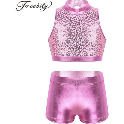 Kids Jazz Hip Hop Street Dance Costume Outfit Girls Clothes Sequins Cutout Crop Top Metallic Shorts Stage Performance Dance Wear