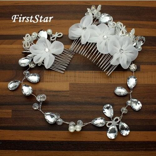 Long Clear Crystal Hair Band Bead Bridal Headpiece Jewelry Double Flower Wedding Pearl Hair Comb Hairpins For Bridesmaid Pageant