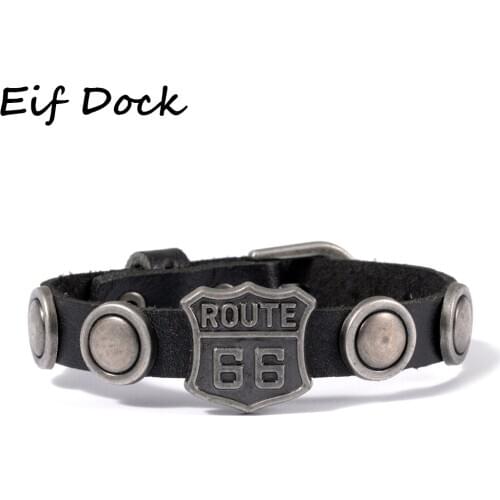 Eif Dock Fashion Mens Leather Bracelet with Hot ROUTE 66 Road Sign Motorcycle Biker Rider Black Bangles Males Jewelry Dropship