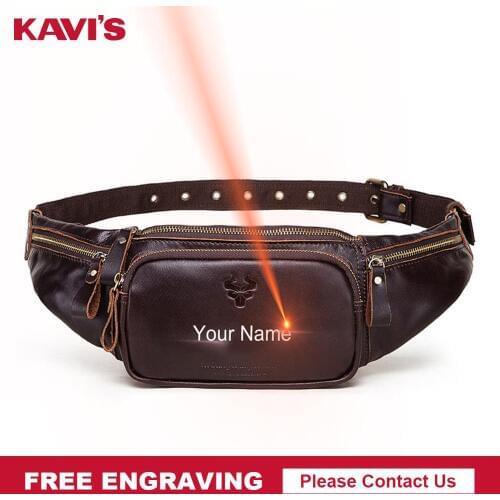 KAVIS Hot 100% Cowhide Genuine Leather Waist Bag Men Male Packs Belt Loops Chest Bag Mobile Phone Holder Bag Free Engraving