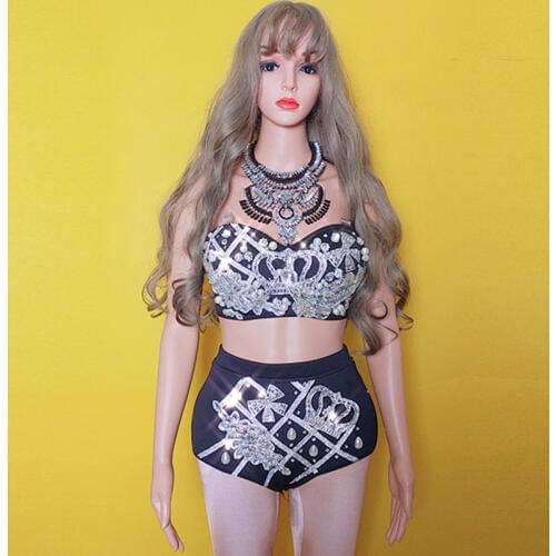 Jazz Dance Costume Black Ds Costumes Nightclub Bar Female Singer Stage Outfits Woman Sleeveless Pearl Pole Dance Suit Wear DT728