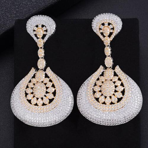 LARRAURI Luxury Long Big Earring Delicate Gemoetric Water Drop Flower Cubic Zirconia Party Wedding Saudi Arabic Dubai Earrings