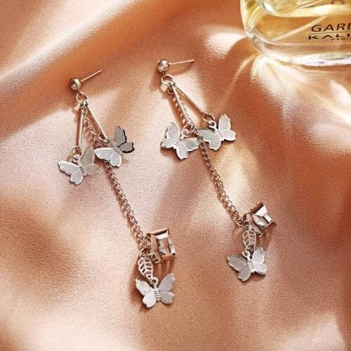 Lovely Double Butterfly Crystal Long Tassel Dangle Earrings For Women Girl Jewelry Accessories