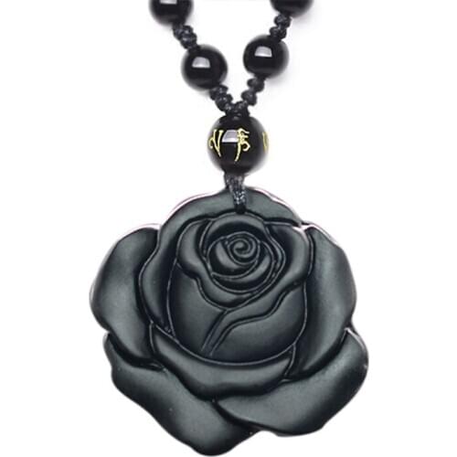 Natural Obsidian Cute Rose Flower Pendant Necklace Man Exquisito Jewellery Fashion Accessories Hand-Carved Luck Amulet Gifts
