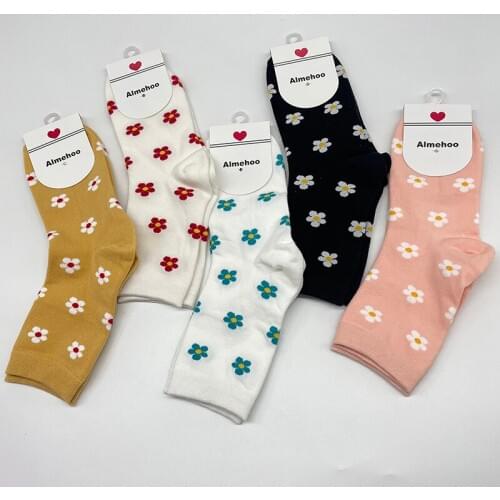 Floral Print Element Long Women Socks Cotton Spring Autumn Fashion Designer Kawaii Korean Style Socks Set Aesthetic Calze Donna