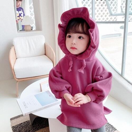 2021 New Baby Sweater Dress Hooded Winter Spring Warm Girls Thicken Outerwear Long Sleeve Cotton Plus Velvet Kids Teenagers Tops