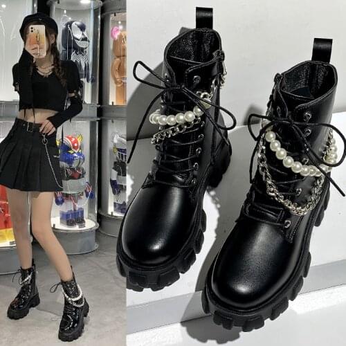 2021 New Women Boots Fashion Platform Boots Pearl Chain Casual Women Boots Chunky Boots Women Riding Boots