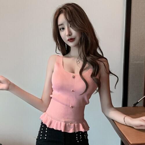 Solid color tighten waist thin ruffled knitted vest top summer womens sweet wild button camisole