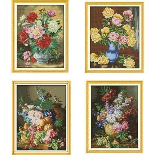 Peony vase flowers and fruits 14CT printed cross stitch DIY set DMC cross stitch sewing bag embroidery home decoration painting