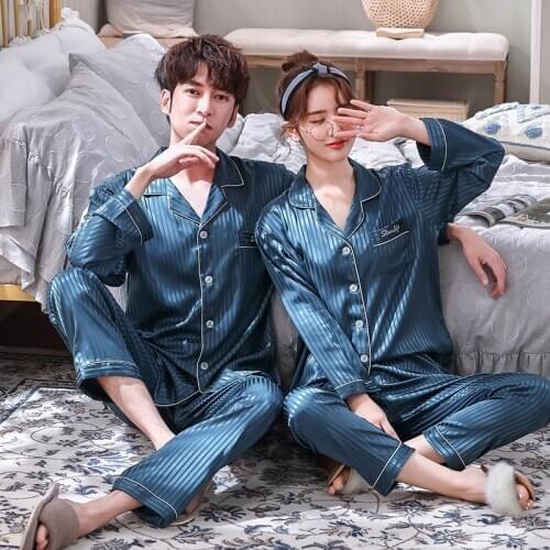 Couples imitating silk smooth and comfortable pajama suit Spring and autumn new cardigan thick and thin striped pajamas, men an