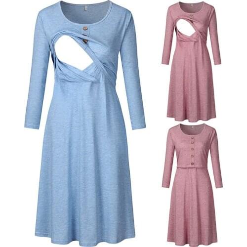 Maternity Womens Nursing Dress Button Decorated Mama Breast Feeding Dresses For Pregnant Pregnancy Clothes Black Pink Blue