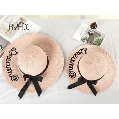 RYFIX Parent-child beach hat straw hat summer Sunbonnet black lettering embroidered black bow ribbon hat 2021new #JX23