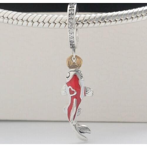 Authentic S925 Silver Bead DIY Jewelry Luckey Carp Fish Dangle Pendant fit Lady Bracelet Bangle
