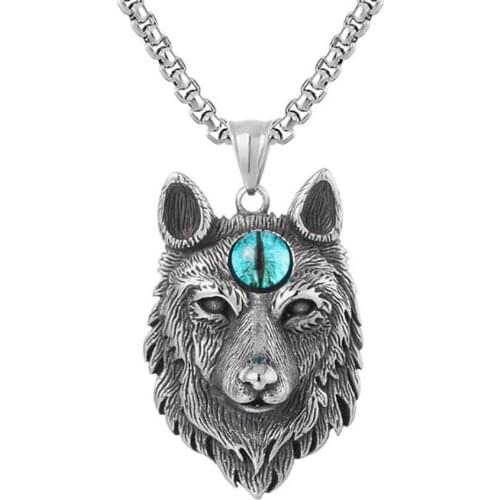 Stainless Steel Red Blue Eyes Wolf Pendant Necklace Jewelry For Men Women Punk Rock Charms