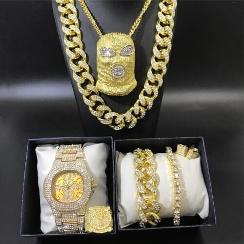 Luxury Men Gold Color Watch & Braclete & Ring & Earrings Combo Set Ice Out Cuban Crystal Miami Neckalce Chain Hip Hop For Men
