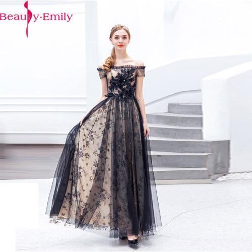 Sexy Off the Shoulder Sleeveless Evening Dress 2019 Fashion Boat Neck Tulle Floor Length Party Dress with Appliques and Beading