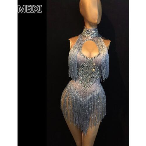 Sparkly silvery sexy tassel rhinestone elastic bar gala party concert singer dancer costume