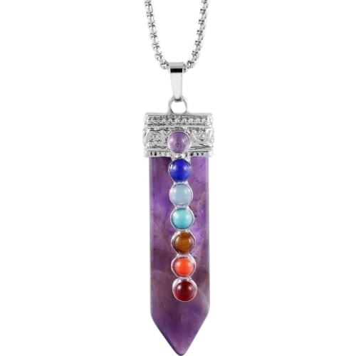 SUNYIK Gem Stone Sword Taper Pendant Necklace Sliver Color Healing 7 Chakra Crystal Pendulum Reiki Jewelry for Women Men